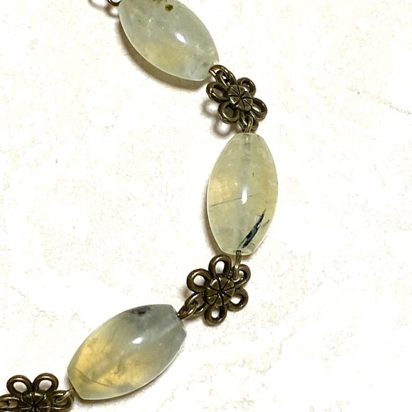 Natural Green Prehnite Necklace, Genuine Gemstones & Bronze Flower Chain - Picture 7 of 12